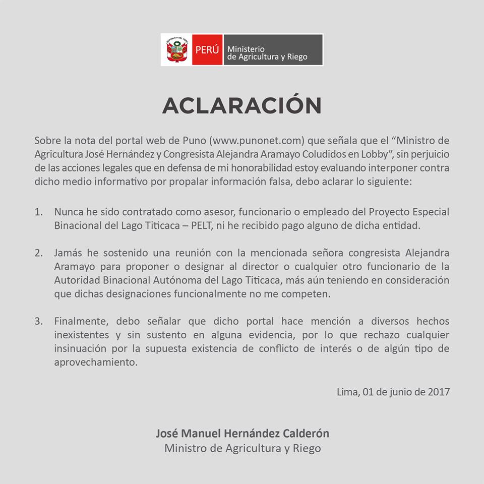 Ministro de Agricultura José Hernandez Calderón amenaza con acciones legales contra Punonet